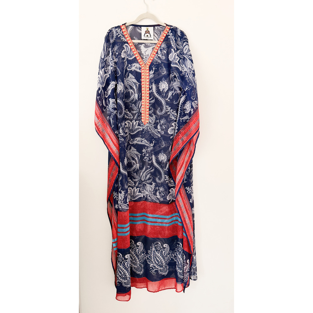 Carla Christoph Houston Kaftan | Navy Paisley + Coral Border | Sheer
